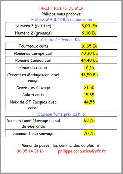 Tarif fruits de mer 2018